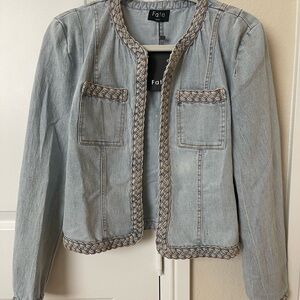 Fate Blue Jean Jacket with Braided Trim and Cropped Style
